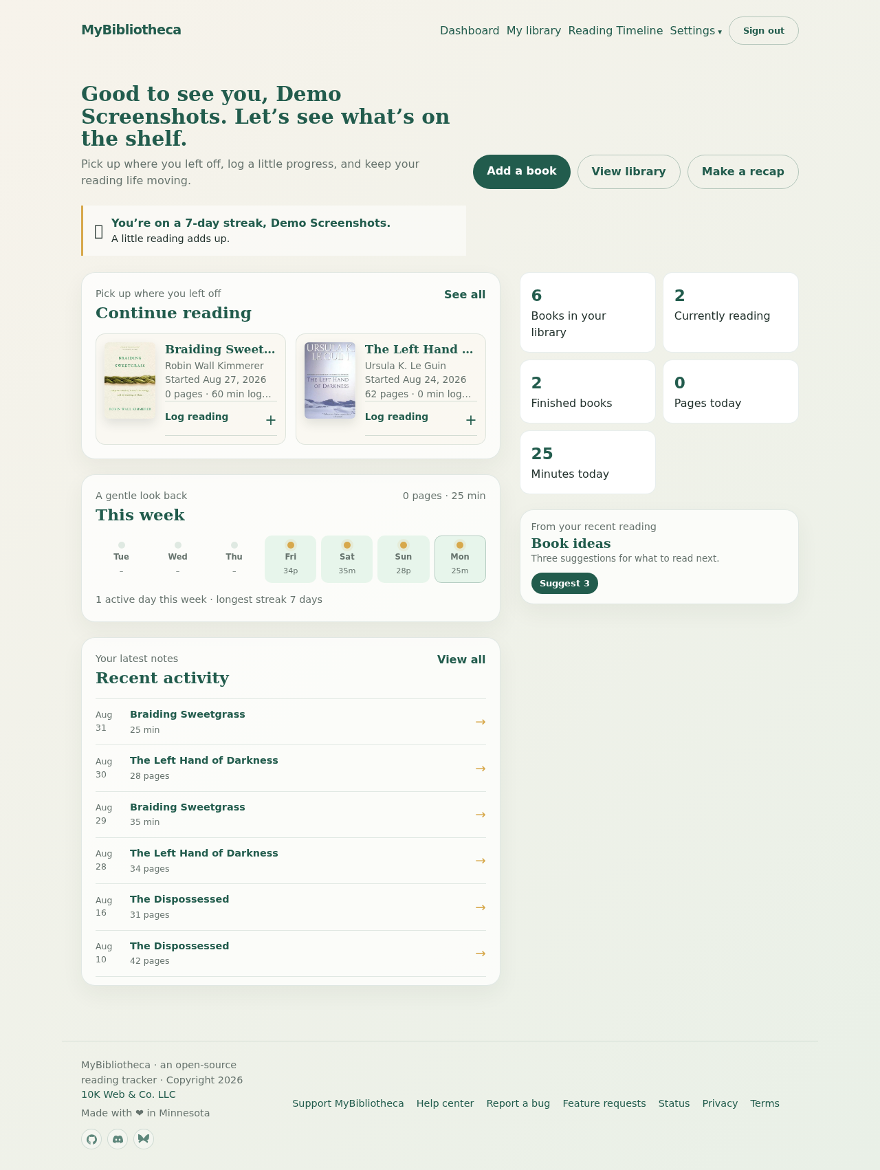 MyBibliotheca dashboard showing current reading cards, progress, reading totals, and the Log reading action
