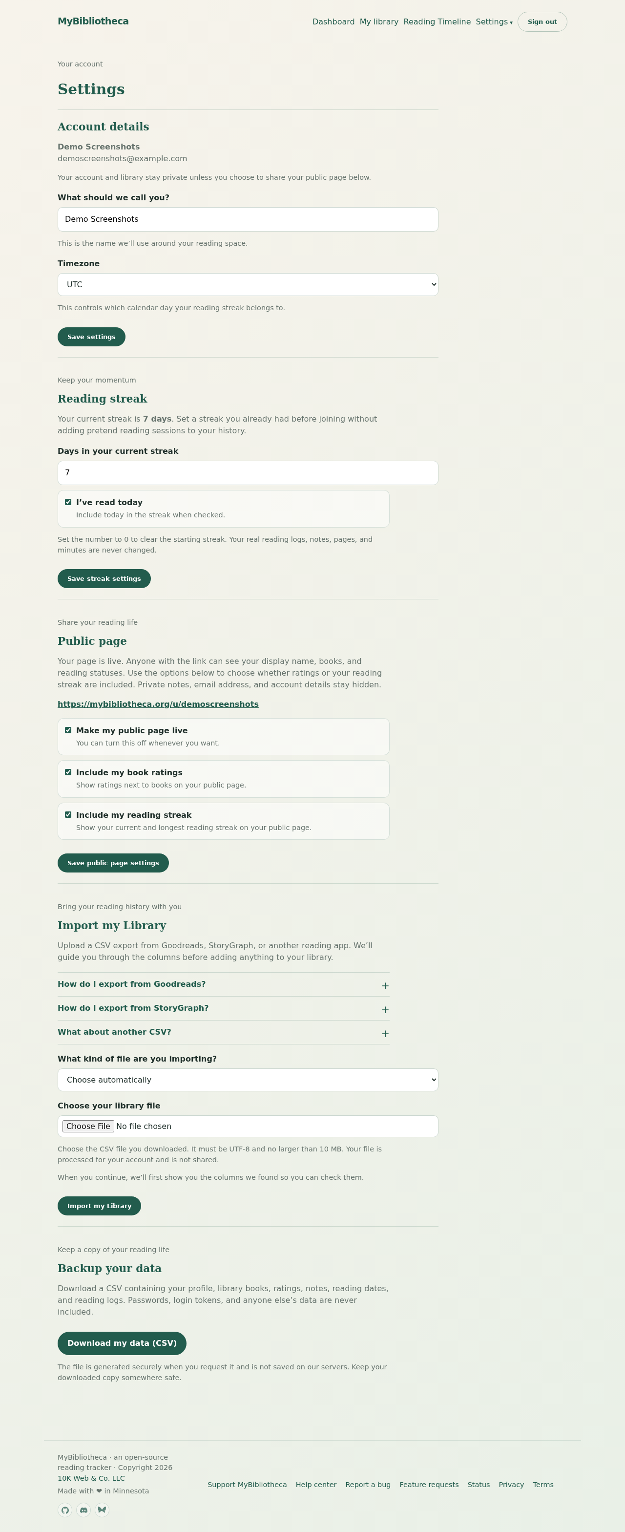 MyBibliotheca Settings page showing a seven-day starting streak and timezone controls